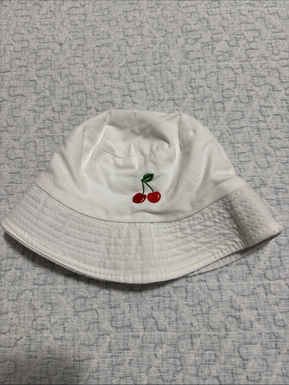 White Kids Cherry Embroidered Bucket Hat